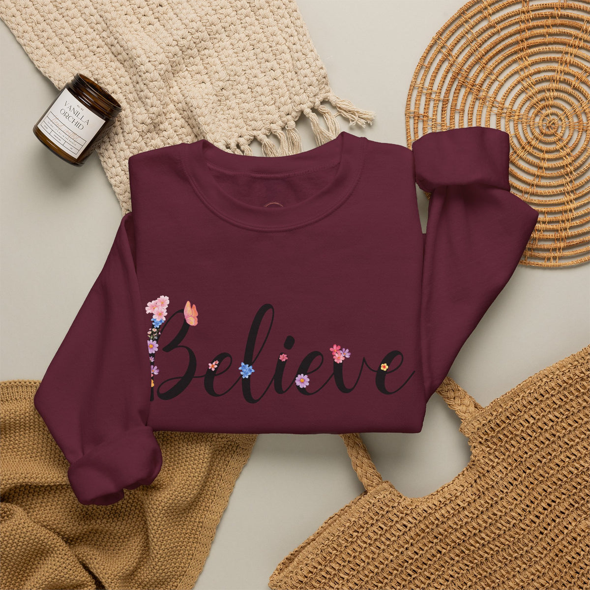 Believe Floral Crewneck Sweatshirt — Inspirational White Pullover