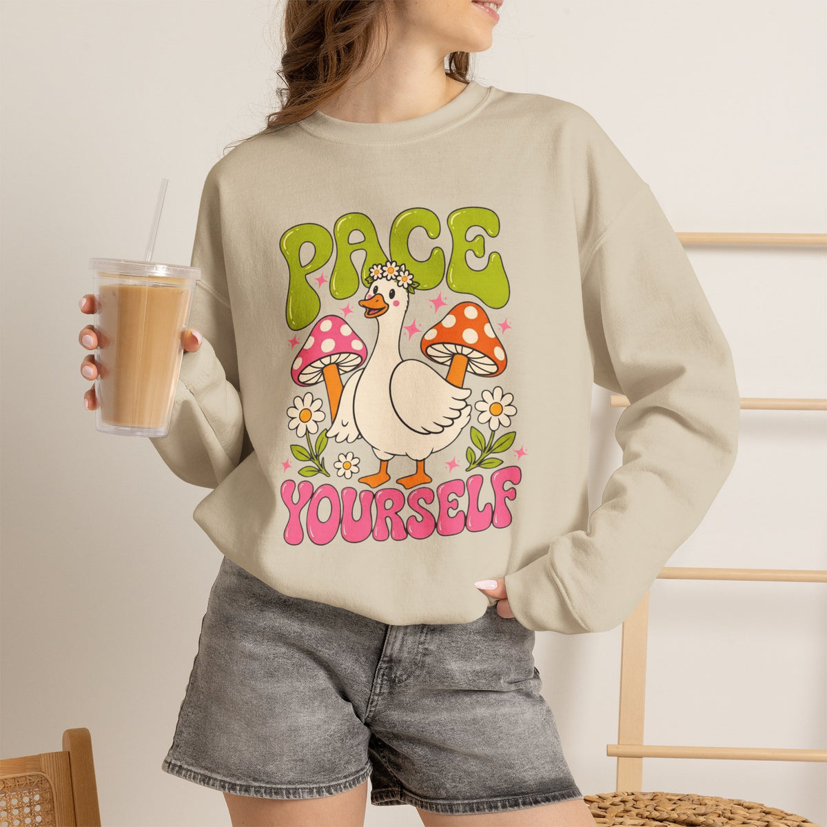 Peace Yourself Crewneck Sweatshirt — Retro Duck & Mushrooms Graphic