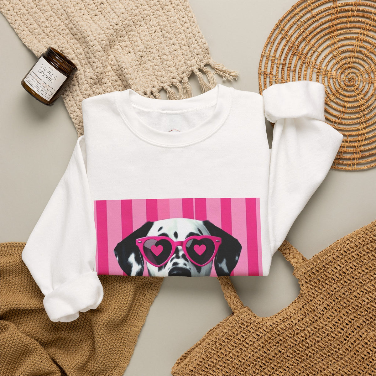 Dalmatian with Heart Sunglasses Sweatshirt — Cute Pink Pet Graphic Crewneck