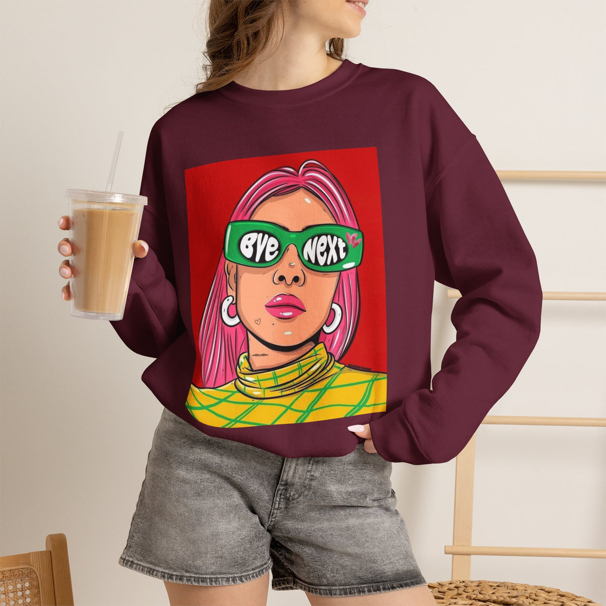 Graphic Sweatshirt — 'Bye Next' Retro Pop Art Girl Crewneck