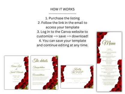 Red Rose Wedding Invitation set, Red Rose RSVP, Dark Red floral, Elegant Red Rose wedding Invitation, Details Editable, Menu Card, WT38