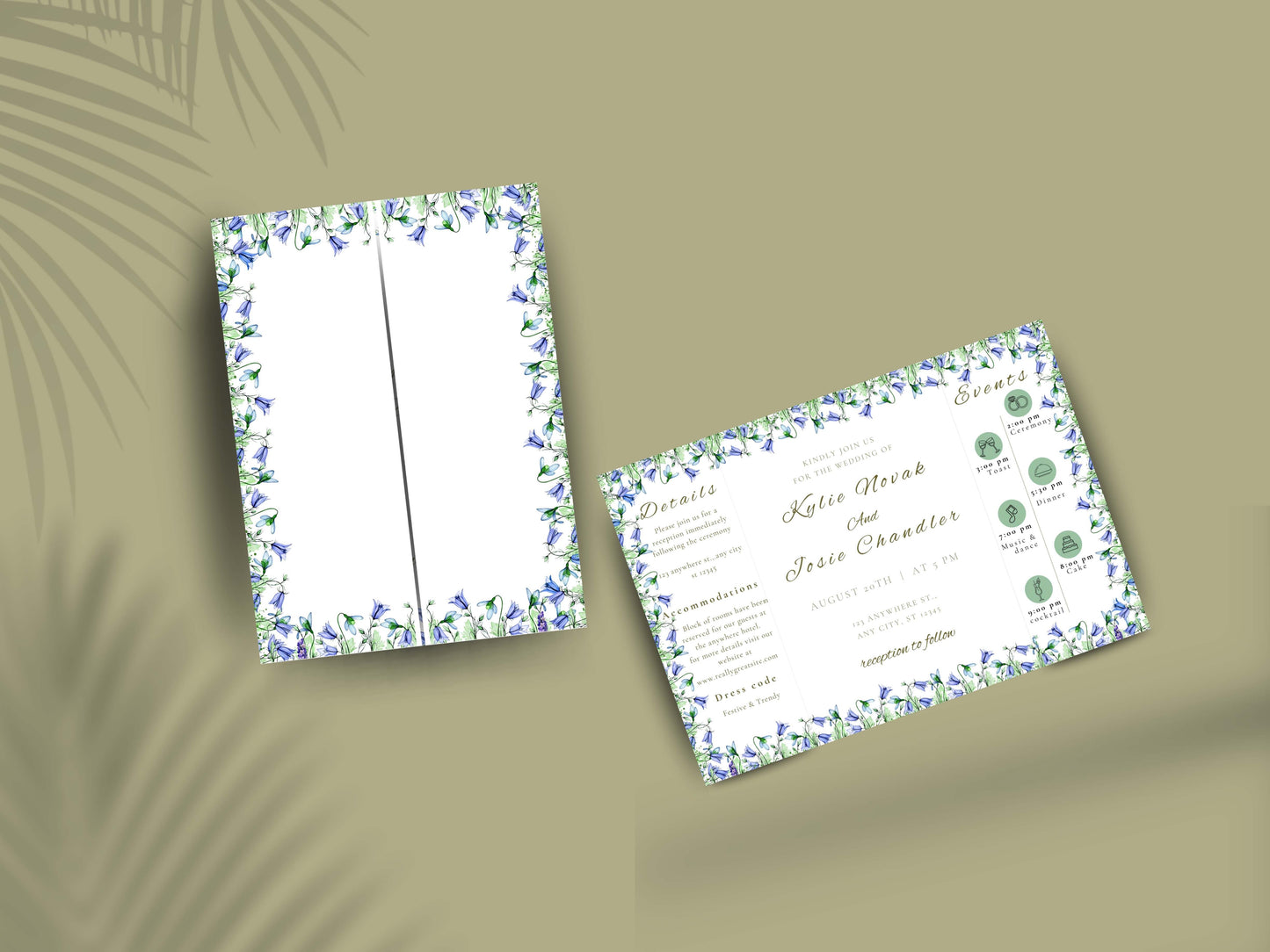 Blue Floral Gatefold Wedding Invitation | Elegant Folded Invite with Timeline | Botanical Watercolor Wedding Card | Qr Code Card. WI143