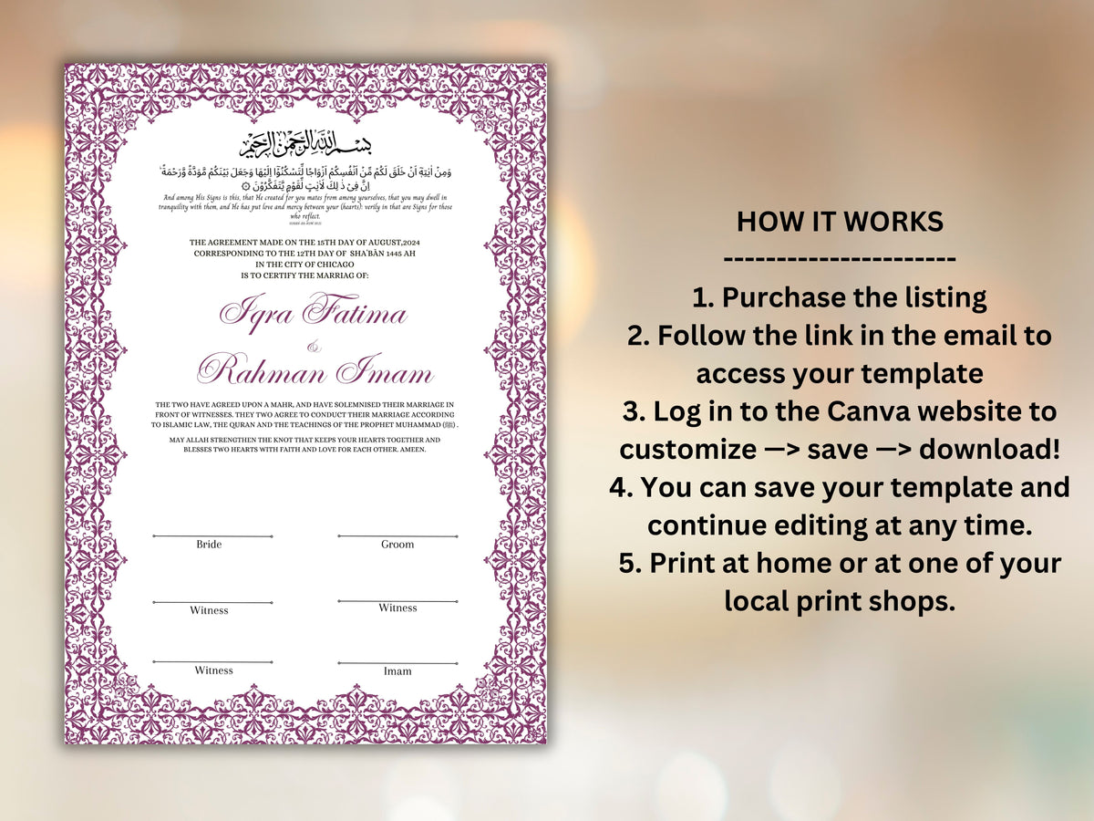Nikkah Certificate Digital Download Personalised, A4, A3, Template, Editable, Purple Nikkah Nama, Nikkah Contract, Muslim Contract. NN244
