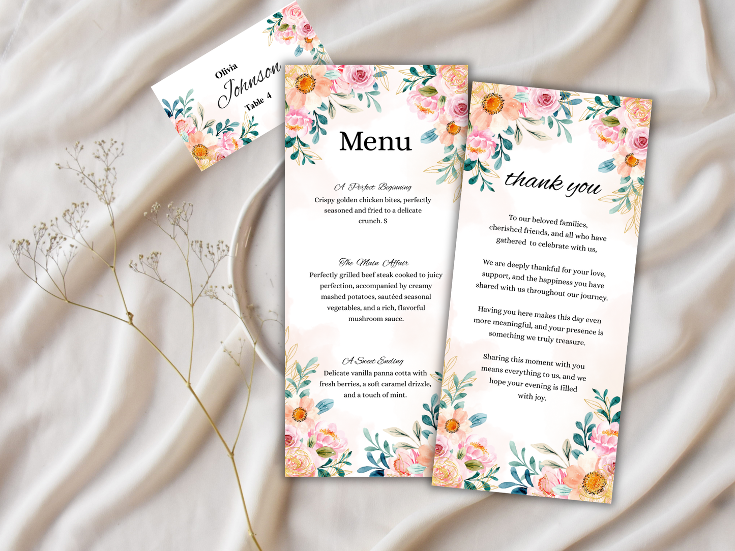 Wedding Thank you Card, Menu Card, Table Card. WI340