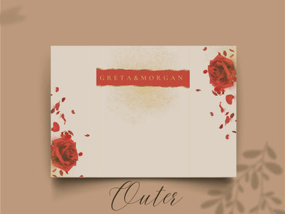 Red Rose Wedding Invitation Template - Gatefold Floral Invite with Itinerary - Elegant Modern Printable Wedding Card. WI157
