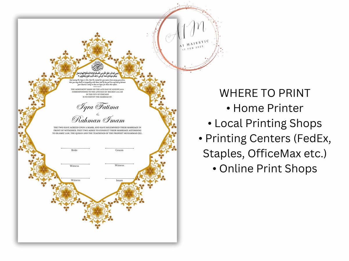 Nikkah Certificate Digital Download Personalised, A4, A3, Nikkah Contract, Muslim Nikkah Certificate Template, Instat Download. NN229