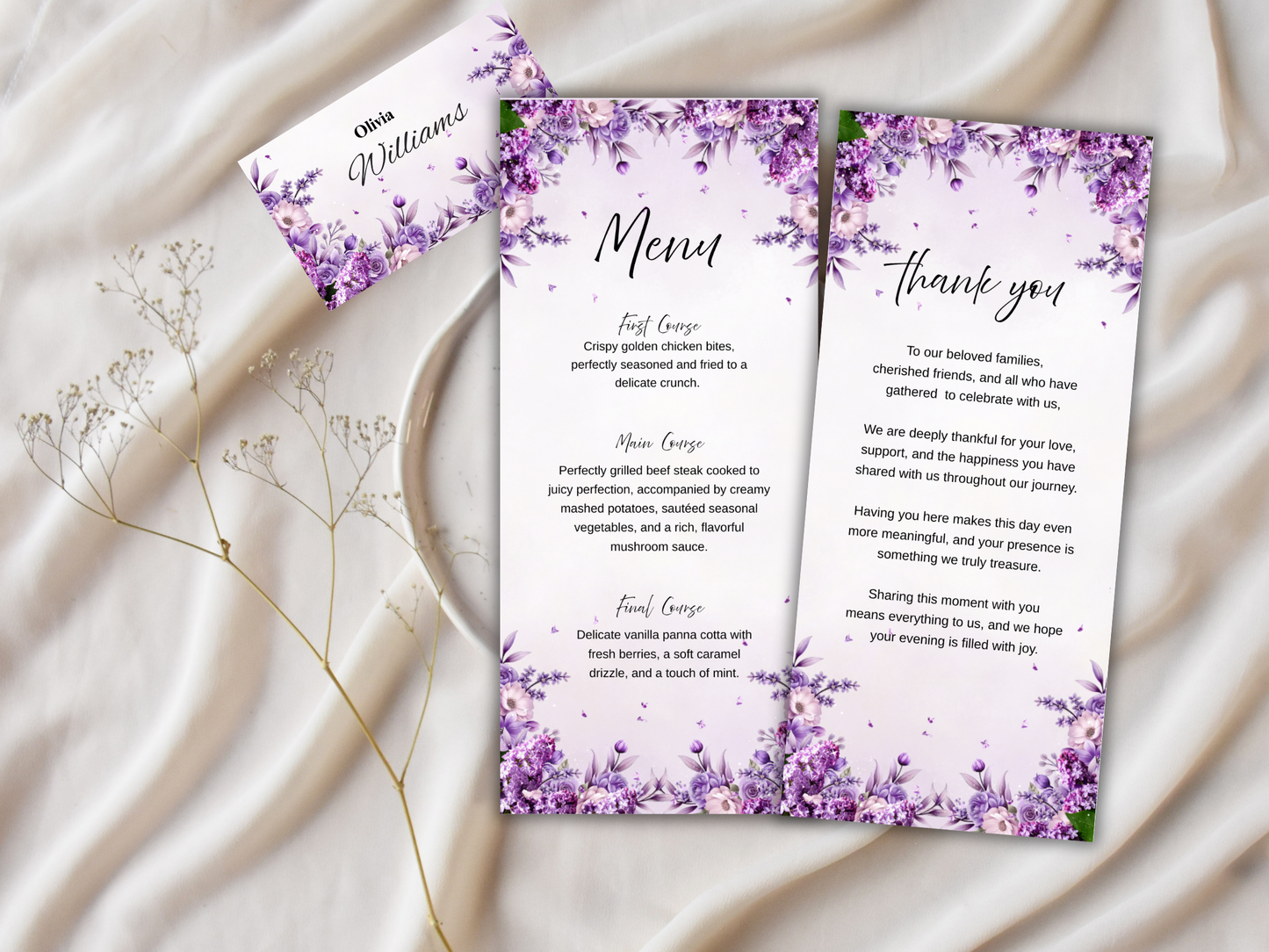 Wedding Thank you Card, Menu Card, Table Card. WI347