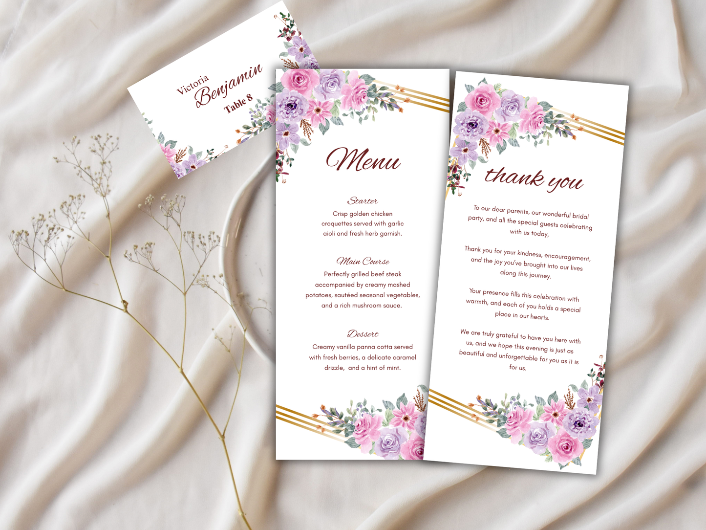 Wedding Thank you Card, Menu Card, Table Card. WI316