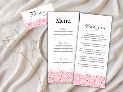 Cherry Blossom Wedding Menu, Table, Thank you, Editable Cards MTC420