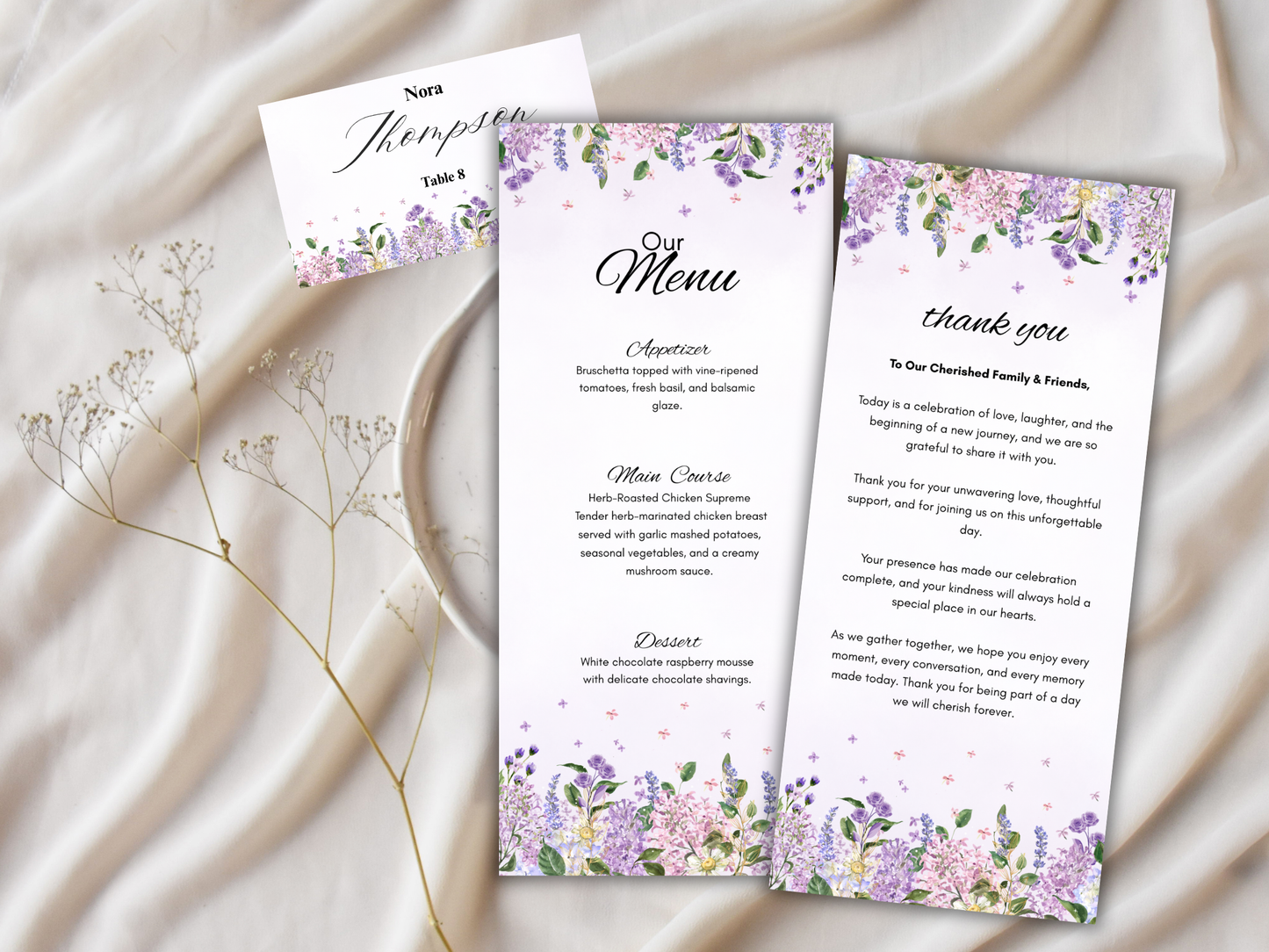 Wedding Menu, Thank You, Table Cards (Editable Canva Template) WI392