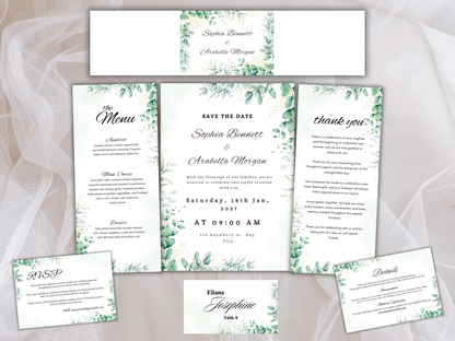 Green Eucalyptus Save the Date Card, Detail, RVSP, Menu card, Printable Instant Download MTC403