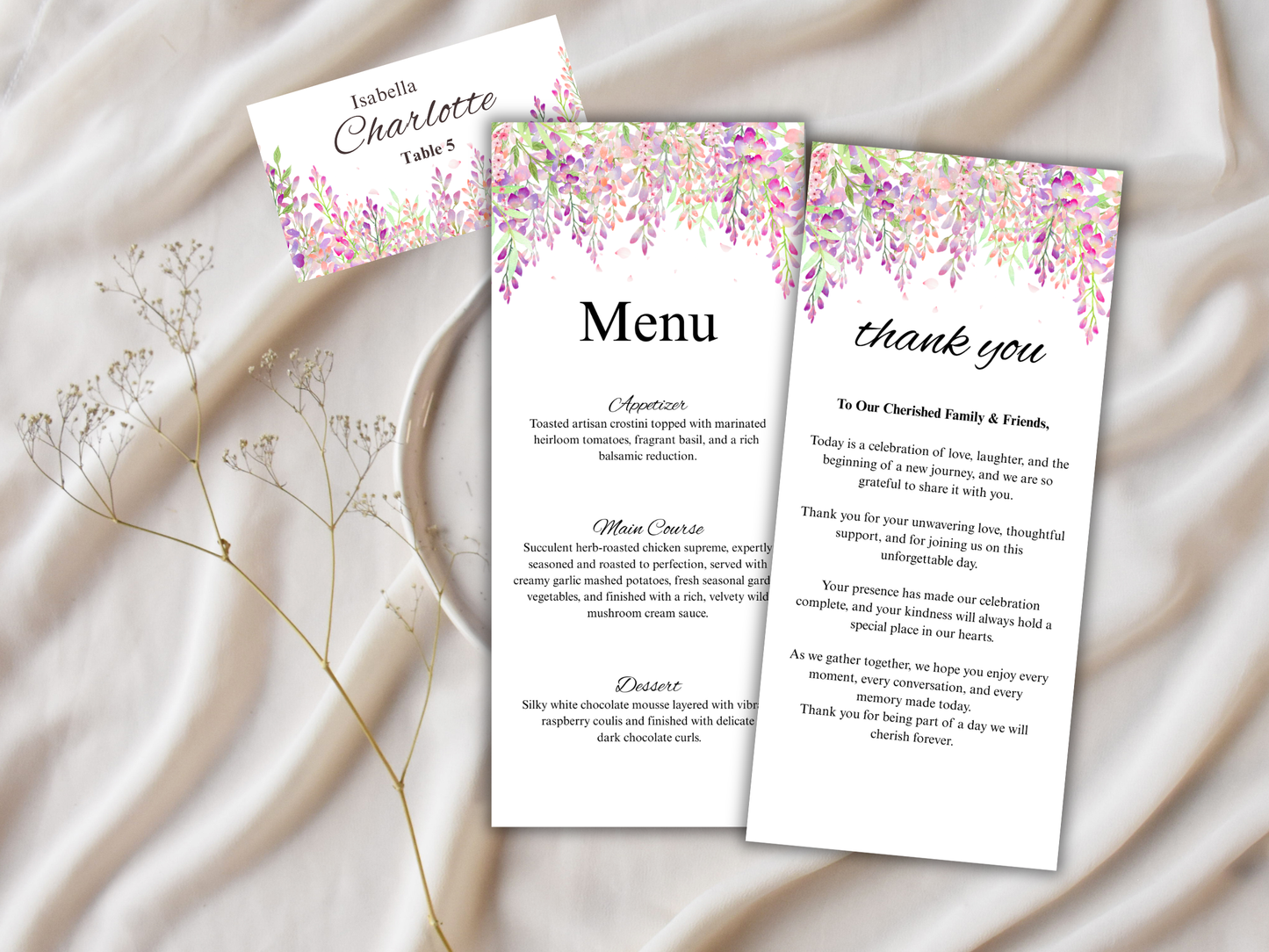 Wisteria Wedding Menu Card, thank you, table card MTC 422