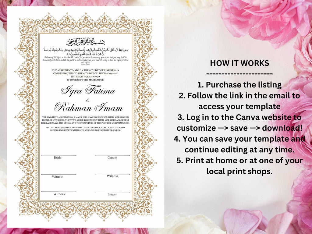 Nikkah Certificate, Nikkah Islamic Marriage Certificate, Printable, Custom Name Nikkah. Quran Verse, Digital Download. NN223