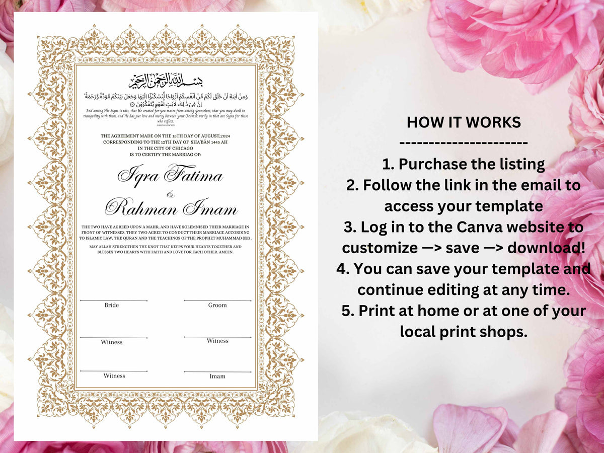 Nikkah Certificate, Nikkah Islamic Marriage Certificate, Printable, Custom Name Nikkah. Quran Verse, Digital Download. NN223