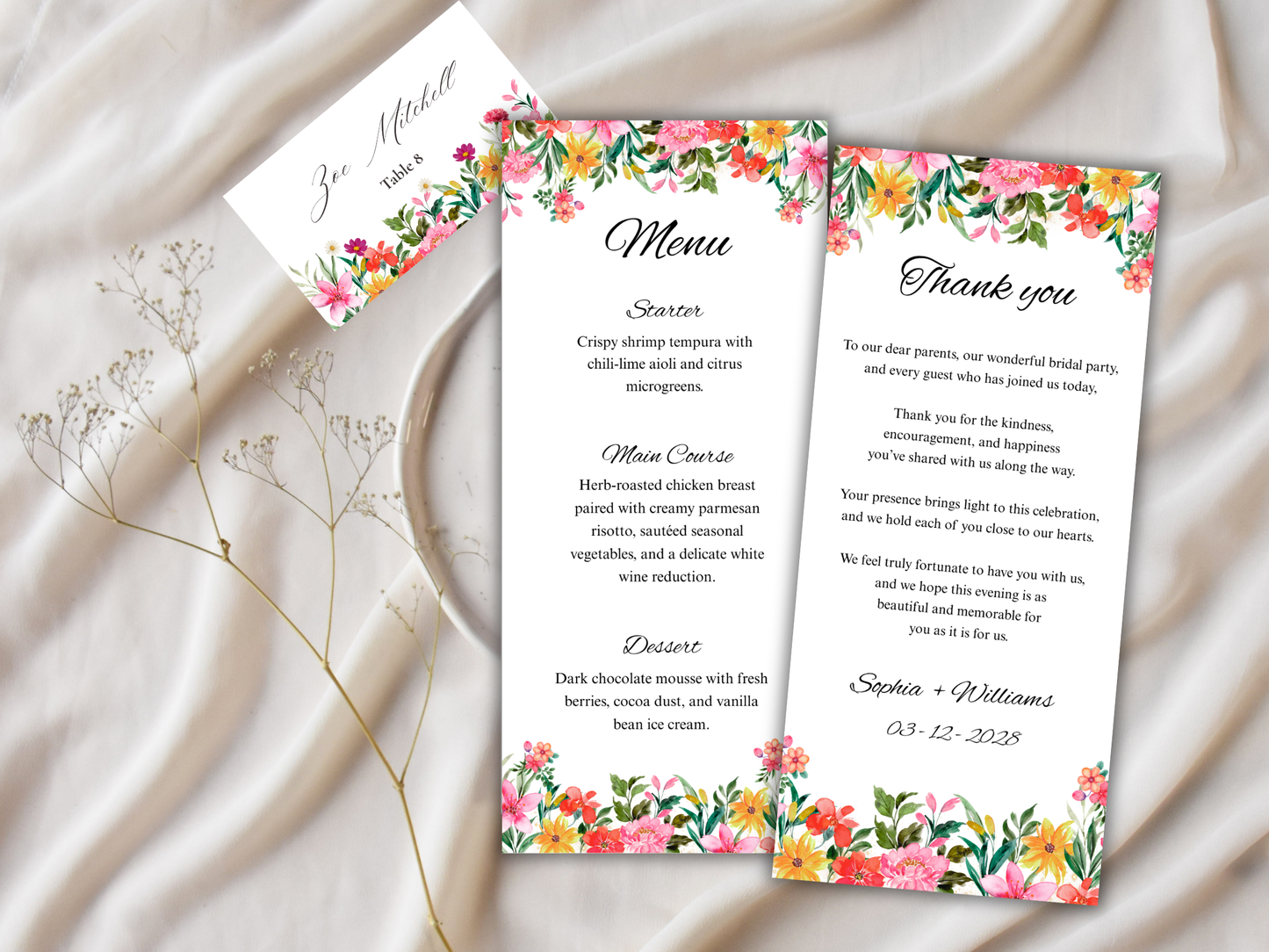 Wedding Thank you Card, Menu Card, Table Card. WI297