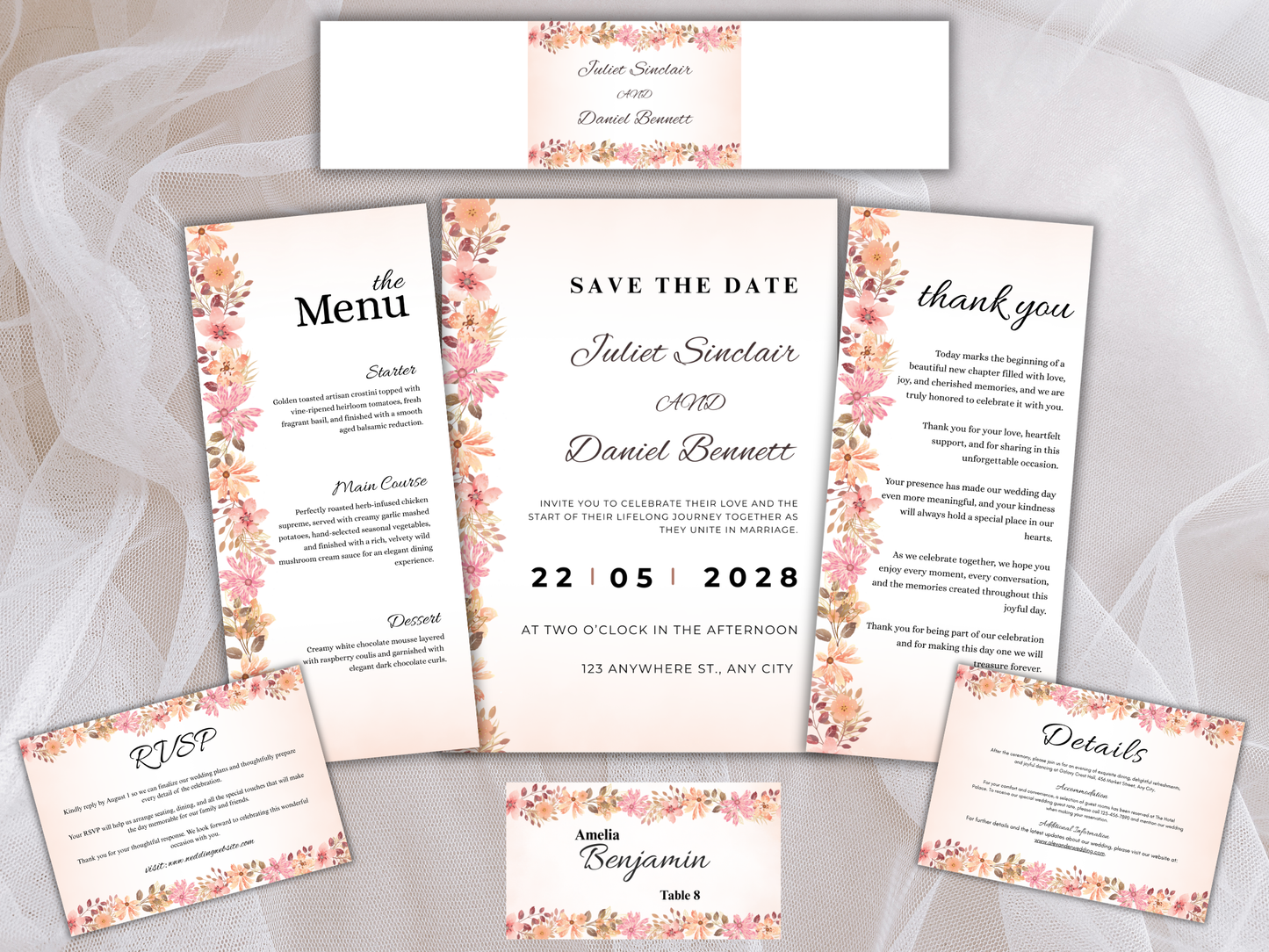 Elegant Peach Wedding Invitation Bundle, RSVP, Details, Menu & Thank You, Canva Template MTC419