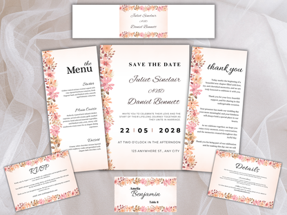 Elegant Peach Wedding Invitation Bundle, RSVP, Details, Menu & Thank You, Canva Template MTC419
