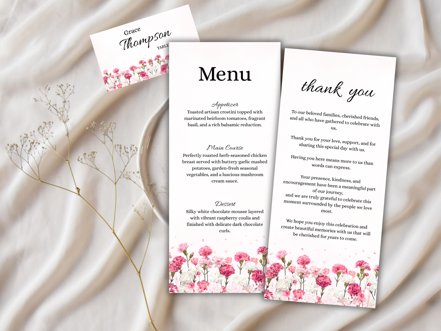 Wedding Reception Menu, thank you, table card, Instant Download MTC424