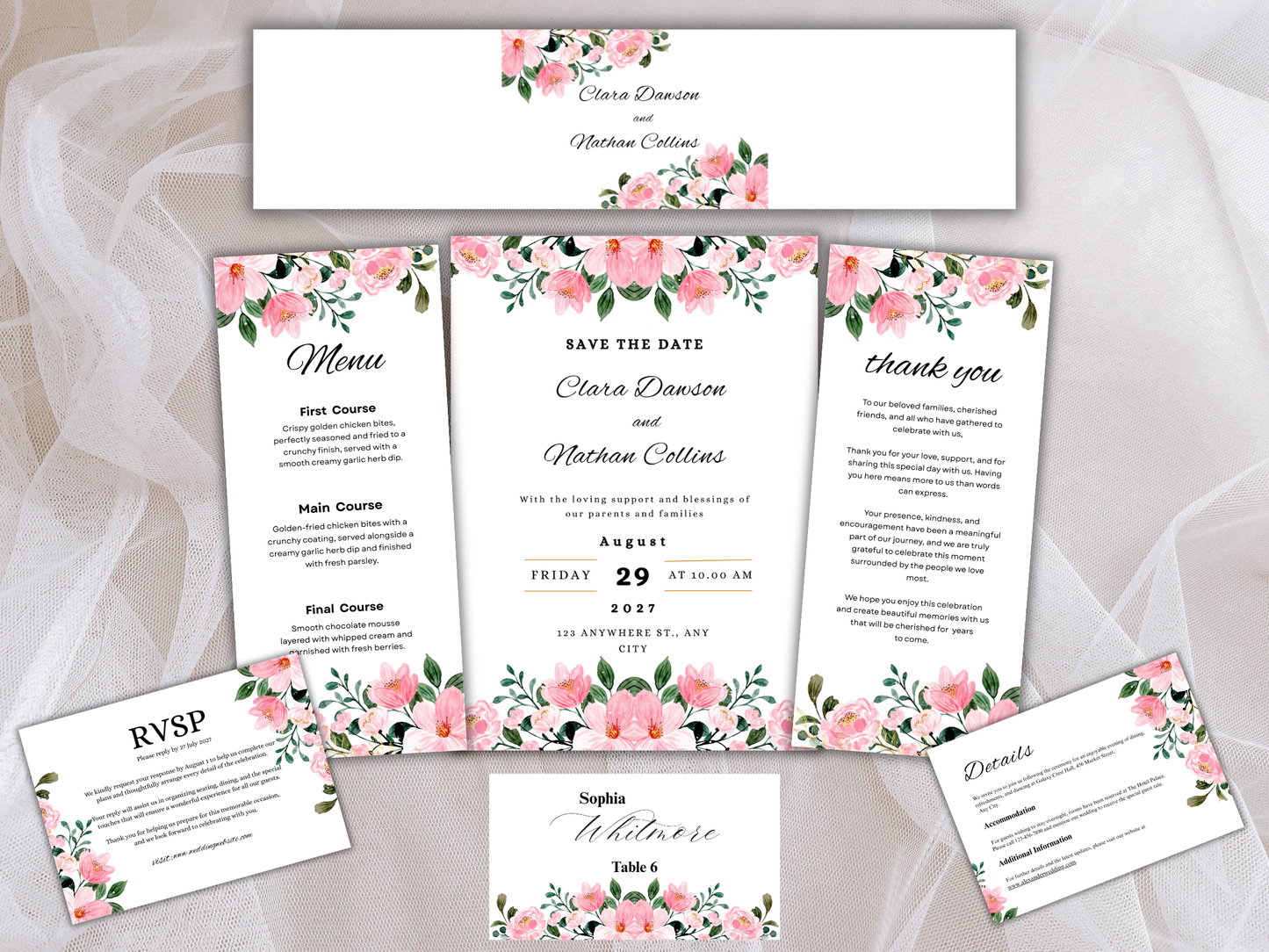 Pink Floral Wedding Invitation Suite, Blush Invite, Editable RSVP, Details, Menu & Thank You MTC385