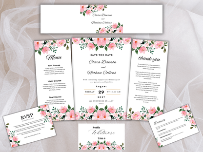 Pink Floral Wedding Invitation Suite, Blush Invite, Editable RSVP, Details, Menu & Thank You MTC385