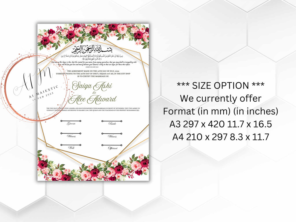 A4/A3 Nikkah Certificate, Pink Gold Nikkah Certificate, Wedding Contract, Nikkah Nama, Muslim Marriage Certificate, Personalised Names.NN278