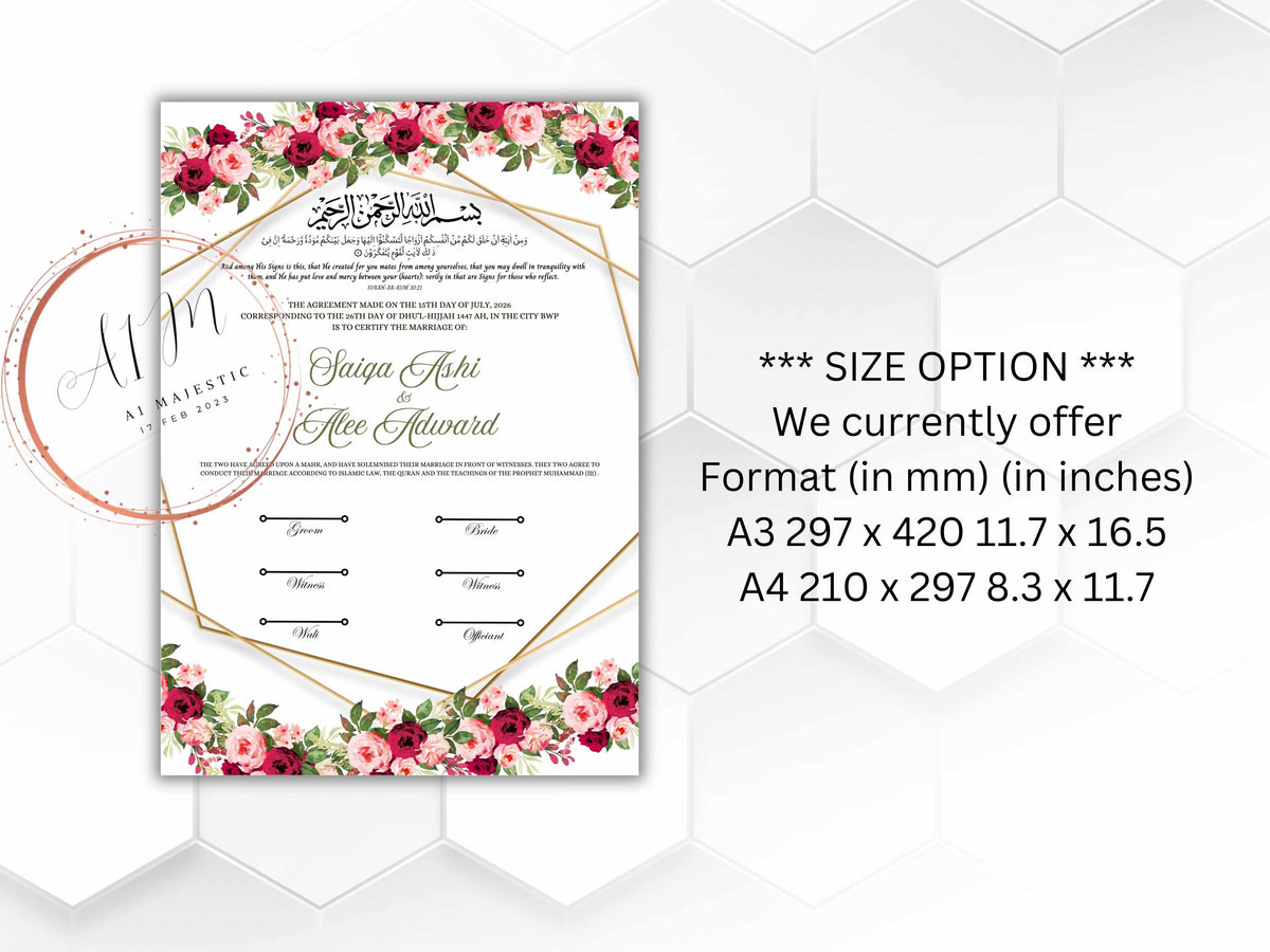 A4/A3 Nikkah Certificate, Pink Gold Nikkah Certificate, Wedding Contract, Nikkah Nama, Muslim Marriage Certificate, Personalised Names.NN278
