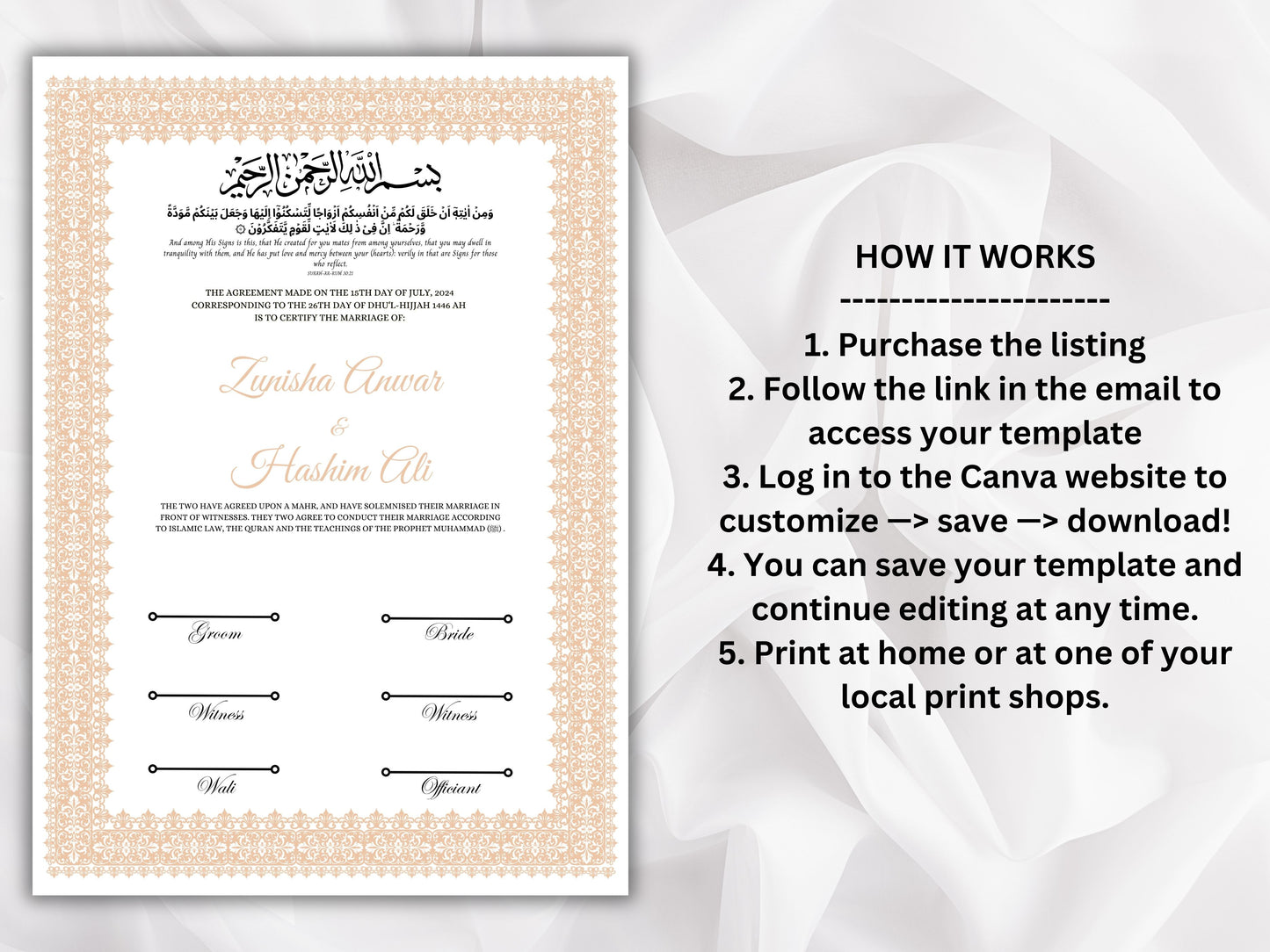 Nikkah Certificate Digital Download Personalised, A4, A3, Template, Editable, Brown Nikkah Nama, Nikkah Contract, Muslim Contract. NN267