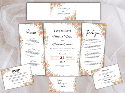 Blush Peach Floral Wedding Invitation Suite, Editable RSVP, Details, Menu & Thank You (Digital Download) MTC387
