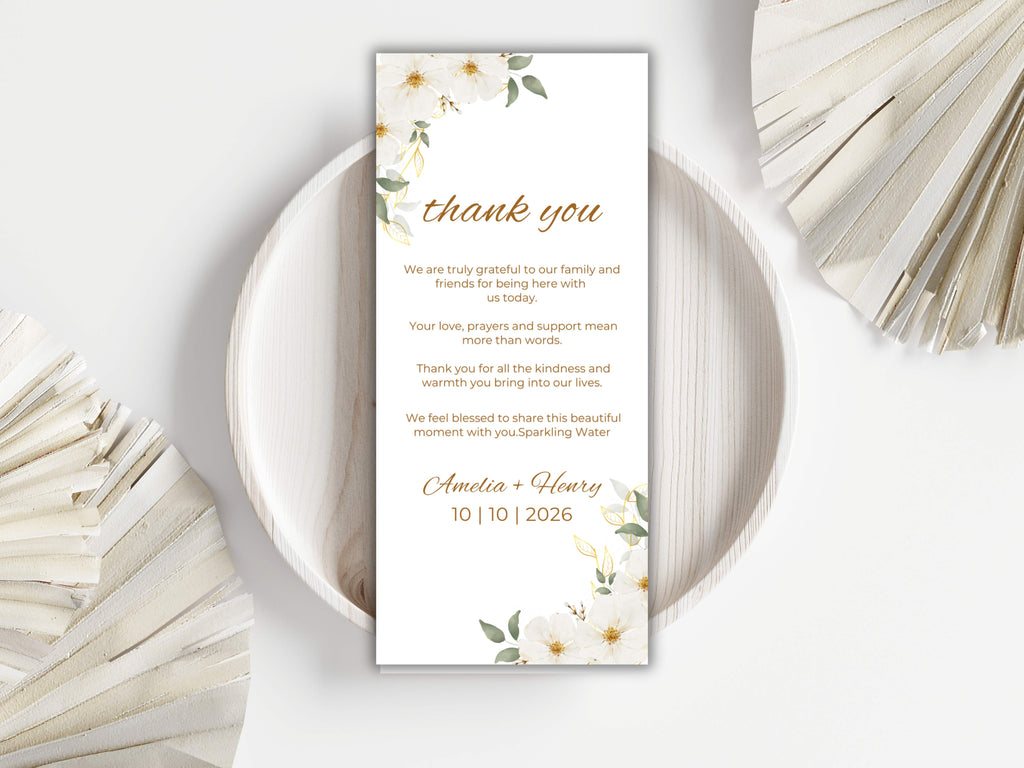 Elegant Floral Wedding Menu & Thank You Card Template | Printable Wedding Table Set | Minimalist White Flower Design.WI189
