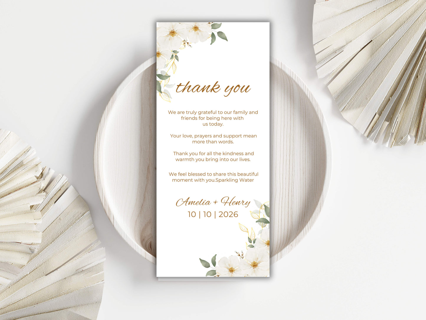 Elegant Floral Wedding Menu & Thank You Card Template | Printable Wedding Table Set | Minimalist White Flower Design.WI189