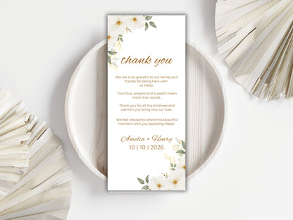 Elegant Floral Wedding Menu & Thank You Card Template | Printable Wedding Table Set | Minimalist White Flower Design.WI189