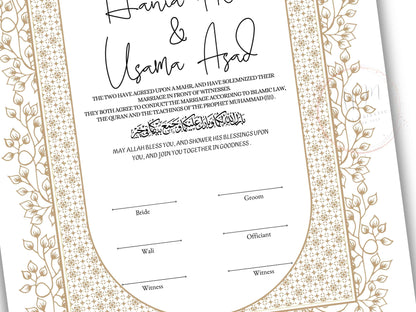 Nikkah Certificate Digital Download Personalised, Islamic Contract, A4, A3, Template, Instat Download. NN209