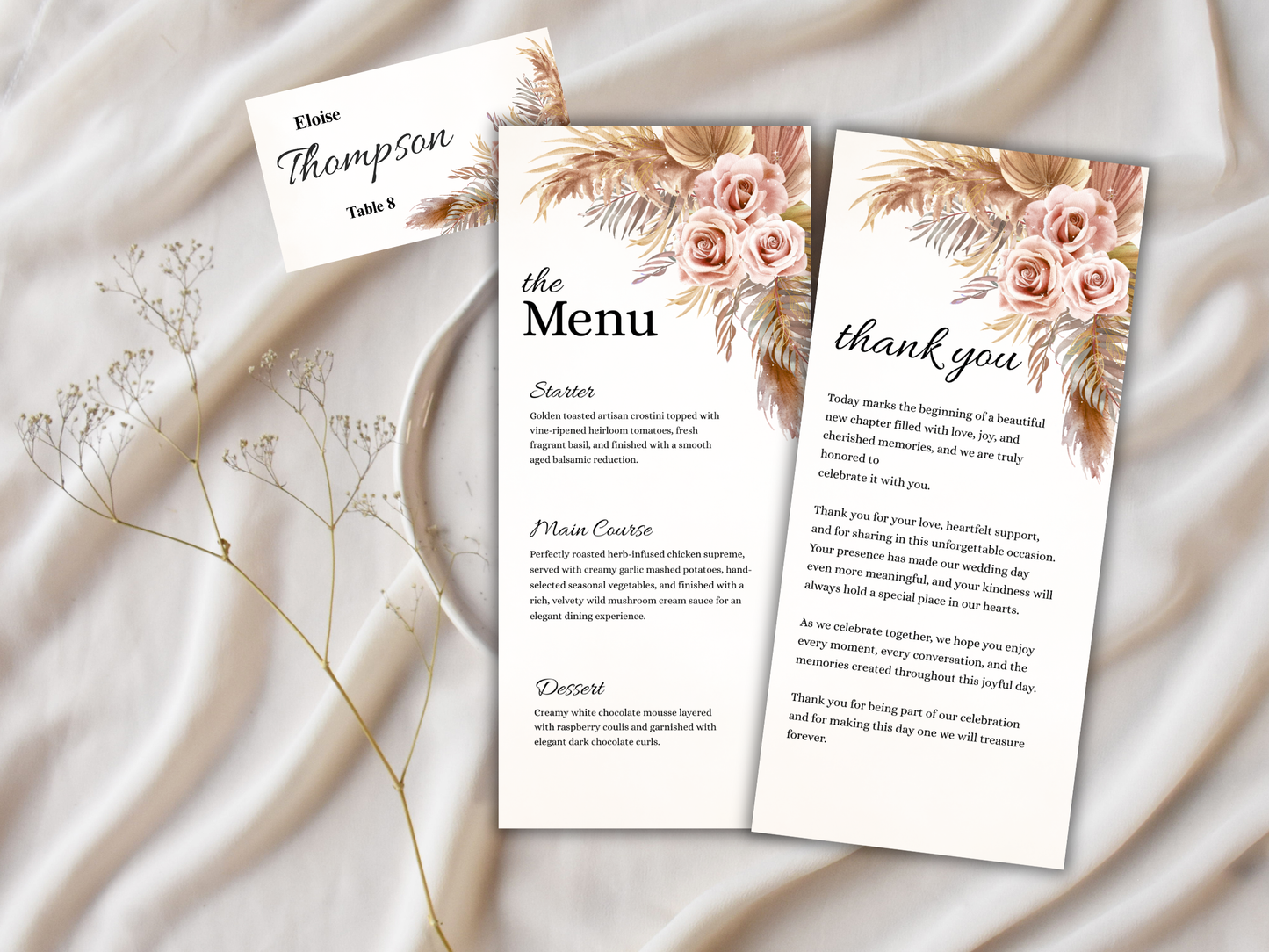 Reception Menu Template, Table, Thank you, Editable Templates MTC416