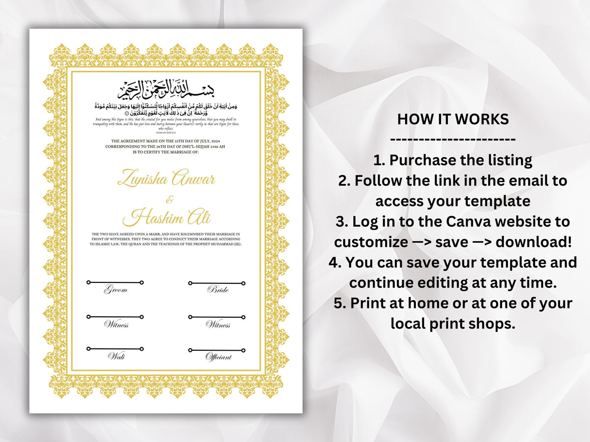 Nikkah Certificate Digital Download Personalised, A4, A3, Template, Editable, Nikkah Nama, Nikkah Contract, Muslim Contract. NN268