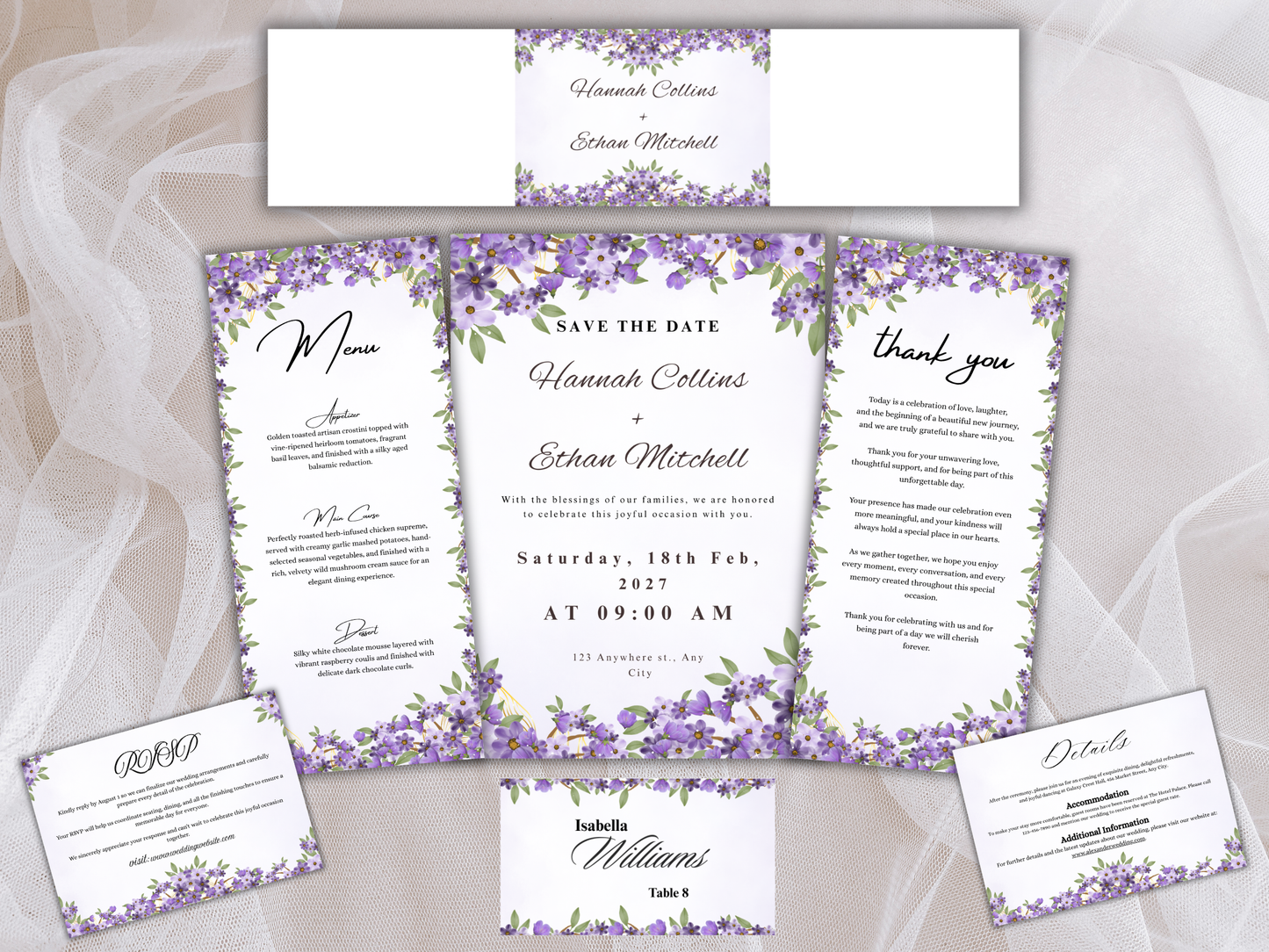 Watercolor Purple Floral Wedding Invitation Bundle, Editable Wedding Suite, Digital Download | MTC409