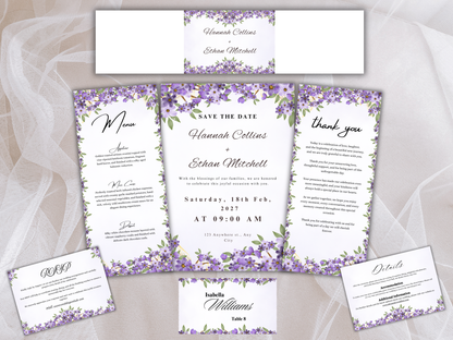 Watercolor Purple Floral Wedding Invitation Bundle, Editable Wedding Suite, Digital Download | MTC409