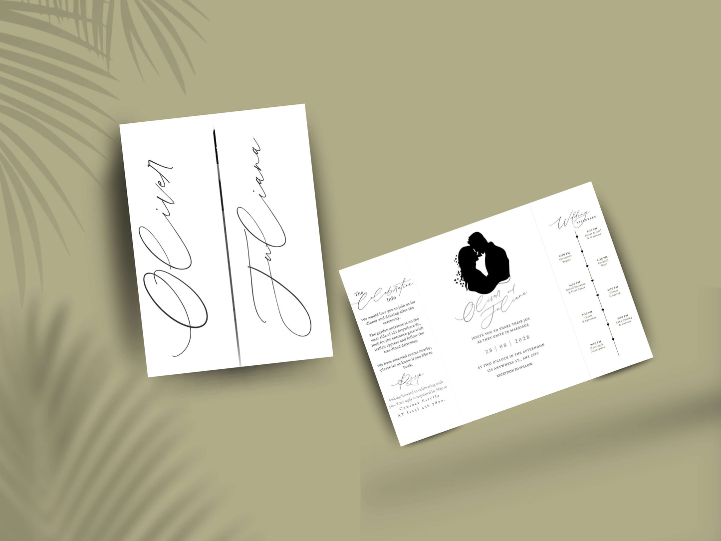 Elegant Gatefold Wedding Invitation | Minimalist Silhouette Wedding Itinerary Card | Modern Folded Wedding Invite Printable Template. WI144