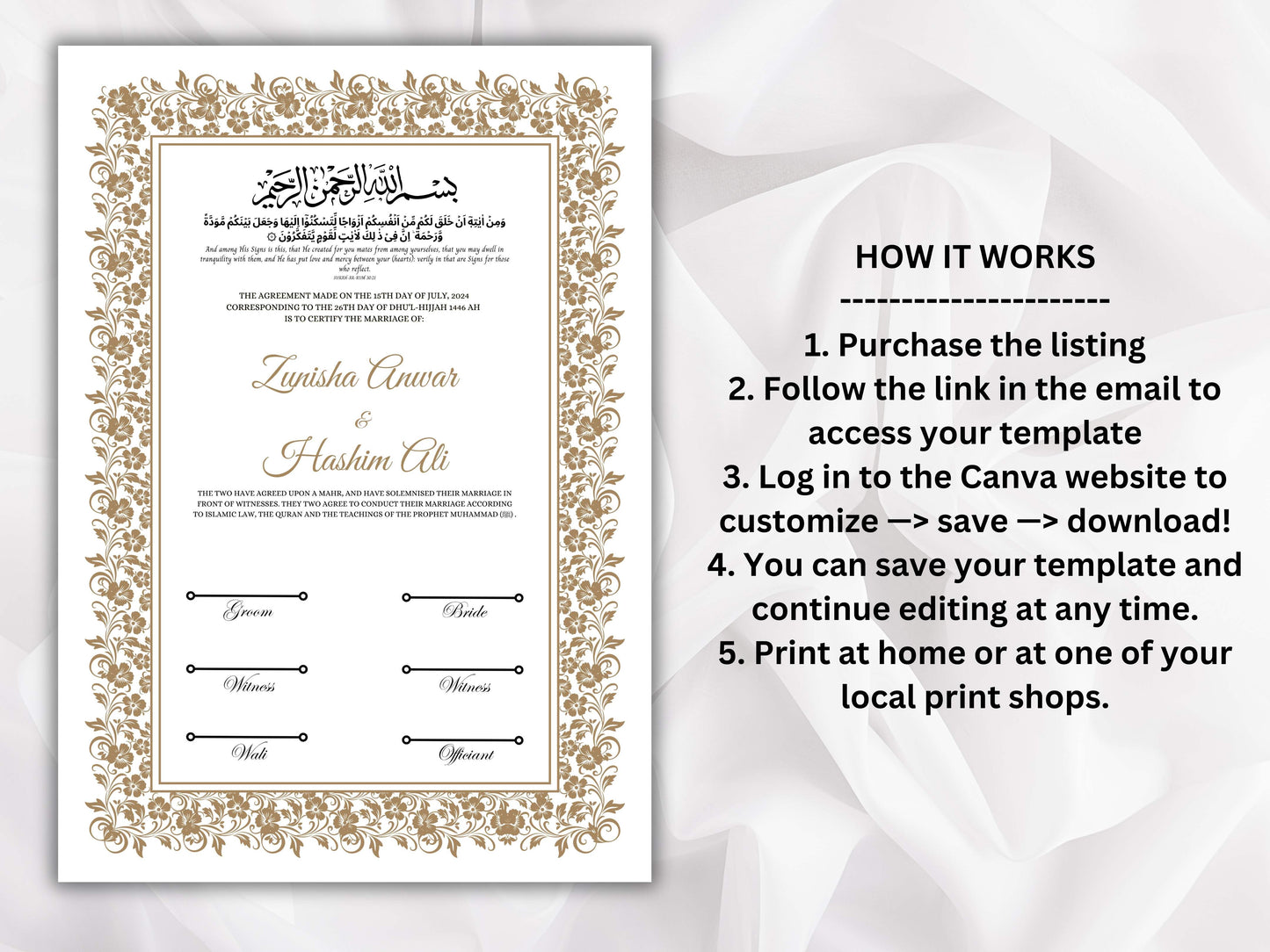 Nikkah Certificate Template, Traditional Islamic Wedding Agreement, Marriage Contract Wedding, Marriage Certificate Template, A4, A3. NN260