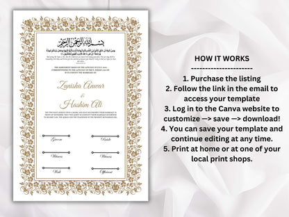 Nikkah Certificate Template, Traditional Islamic Wedding Agreement, Marriage Contract Wedding, Marriage Certificate Template, A4, A3. NN260