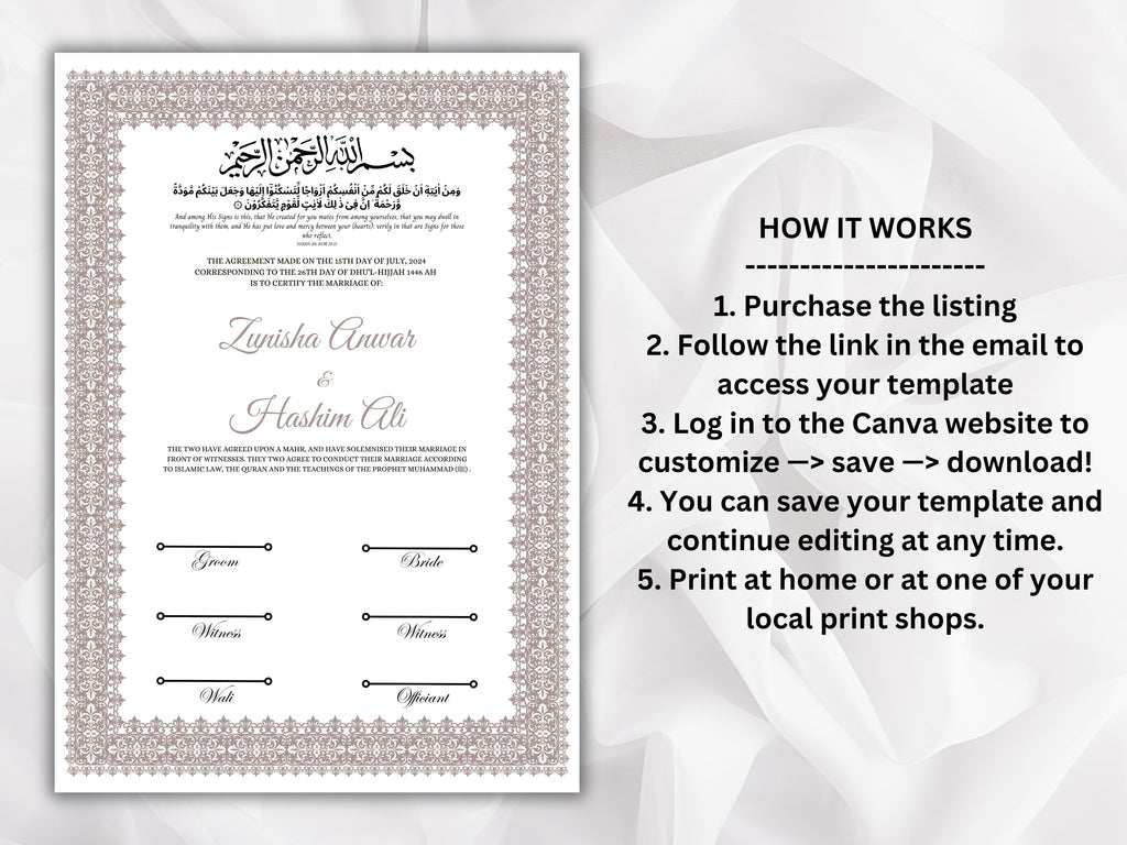Nikkah Certificate Digital Download Personalised, A4, A3, Template, Editable, Brown Nikkah Nama, Nikkah Contract, Muslim Contract. NN266