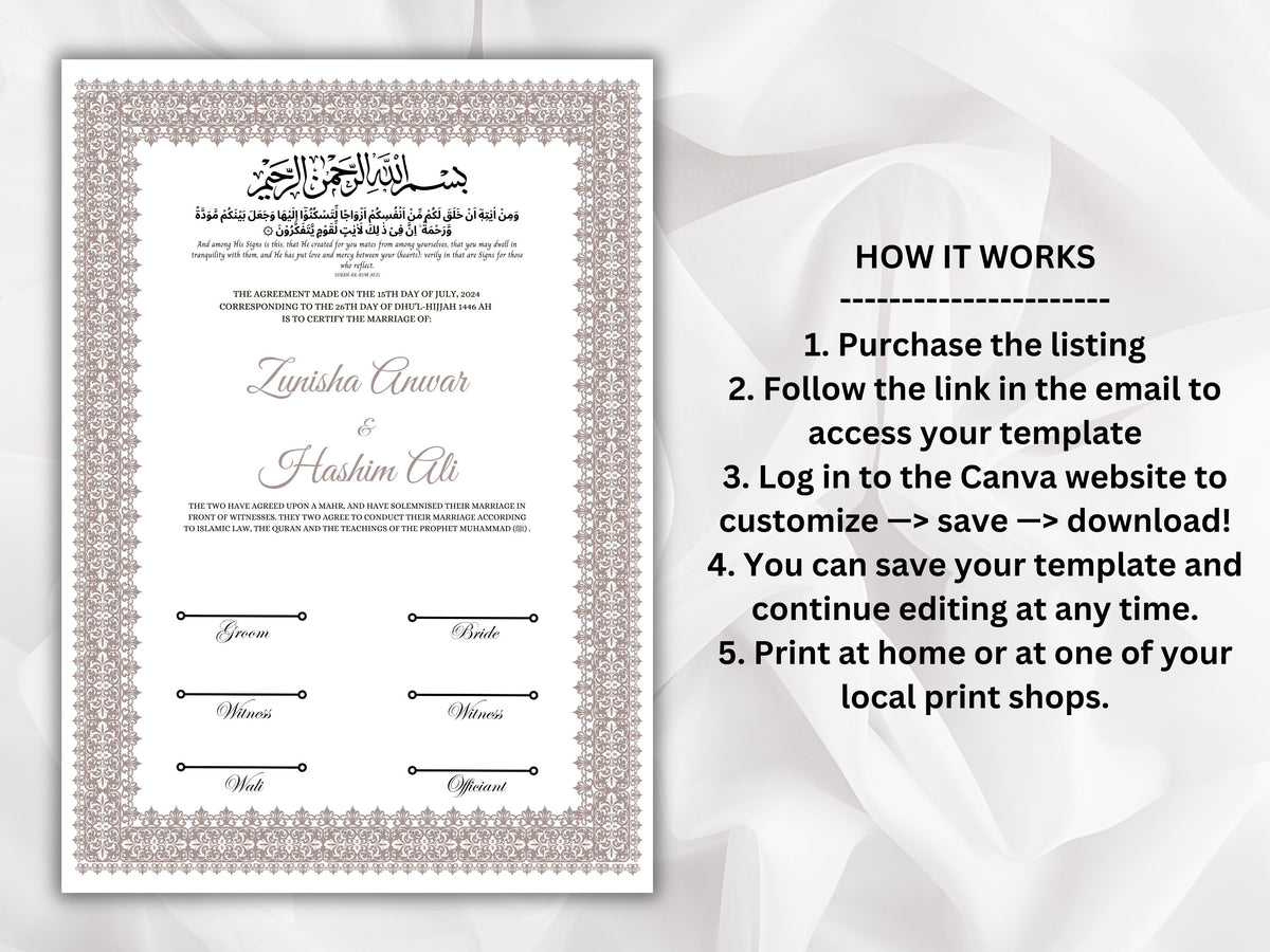 Nikkah Certificate Digital Download Personalised, A4, A3, Template, Editable, Brown Nikkah Nama, Nikkah Contract, Muslim Contract. NN266