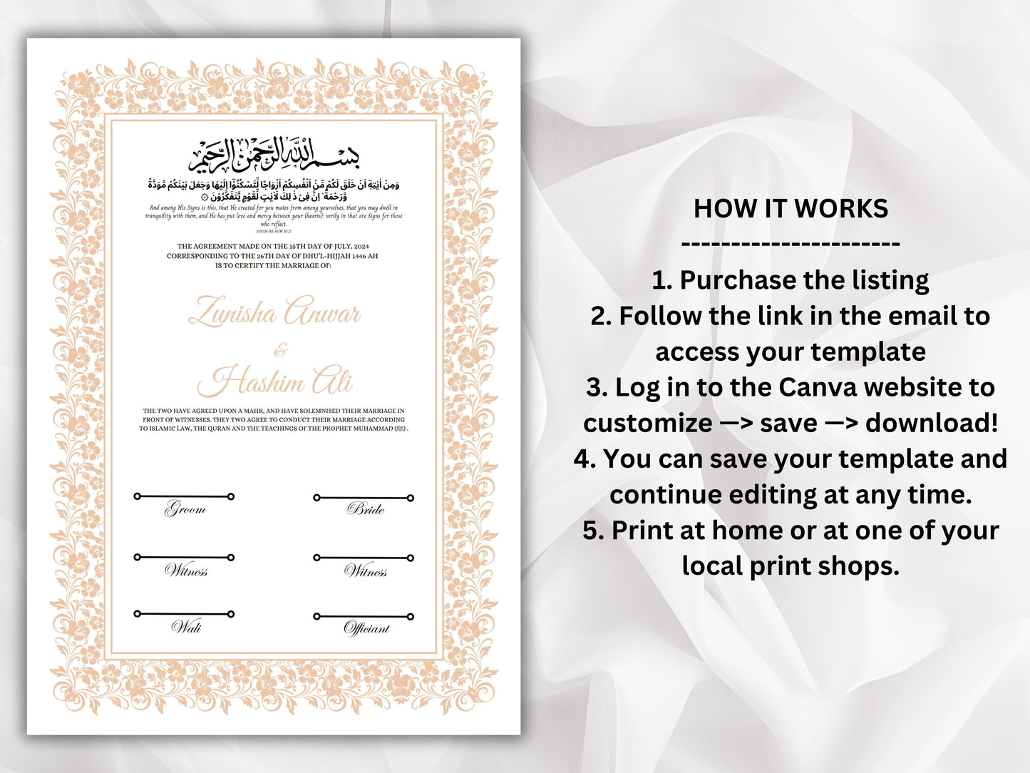 Nikkah Certificate Template, Traditional Islamic Wedding Agreement, Marriage Contract Wedding, Marriage Certificate Template, A4, A3. NN263