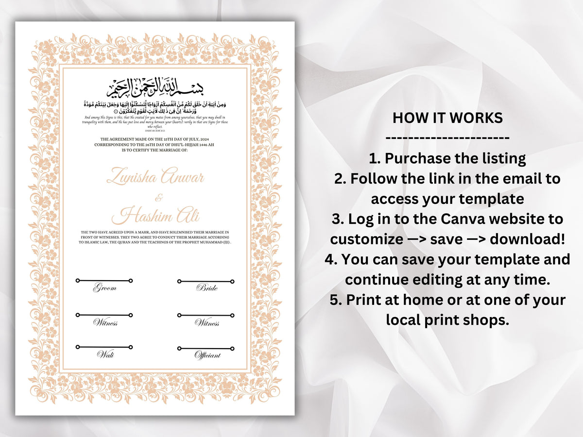 Nikkah Certificate Template, Traditional Islamic Wedding Agreement, Marriage Contract Wedding, Marriage Certificate Template, A4, A3. NN263