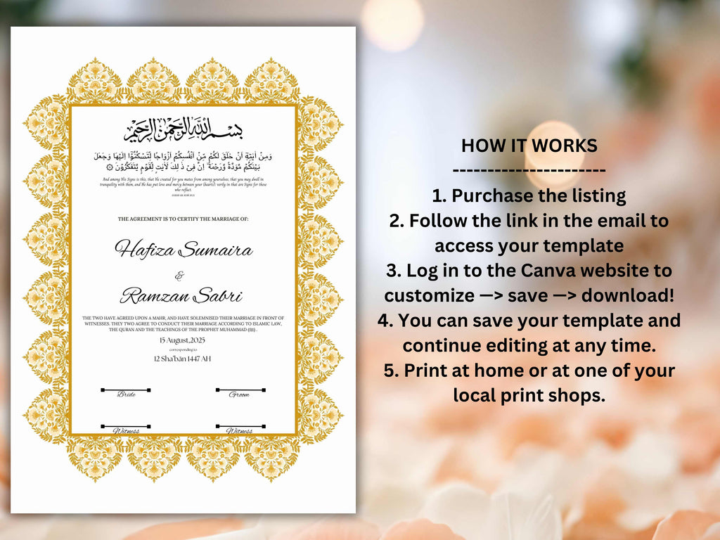 Muslim Wedding Contract, Mughal Nikkah Certificate Digital, A4 Nikkah Certificate. A3 Contract Digital Download. NN296