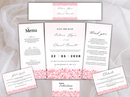 Elegant Cherry Blossom Wedding Invitation Bundle, , RSVP, Details, Menu & Thank You, Editable  Template MTC421