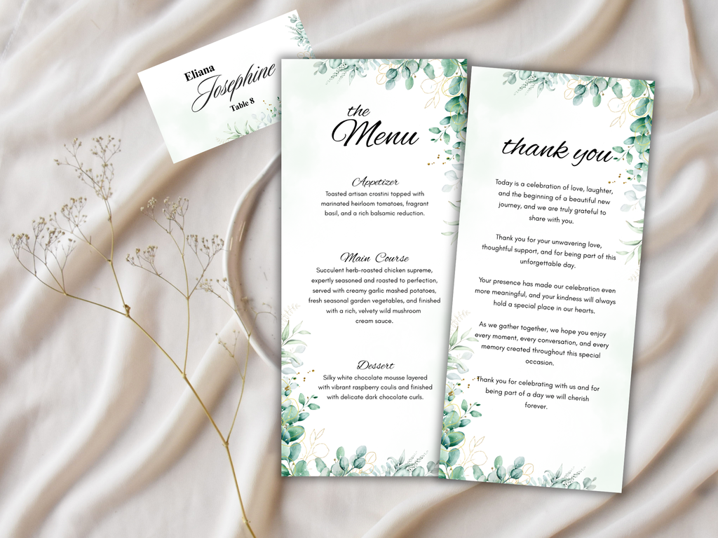 Sage Green Wedding Menu, Thank You & Table Cards, Editable Canva Template WI402