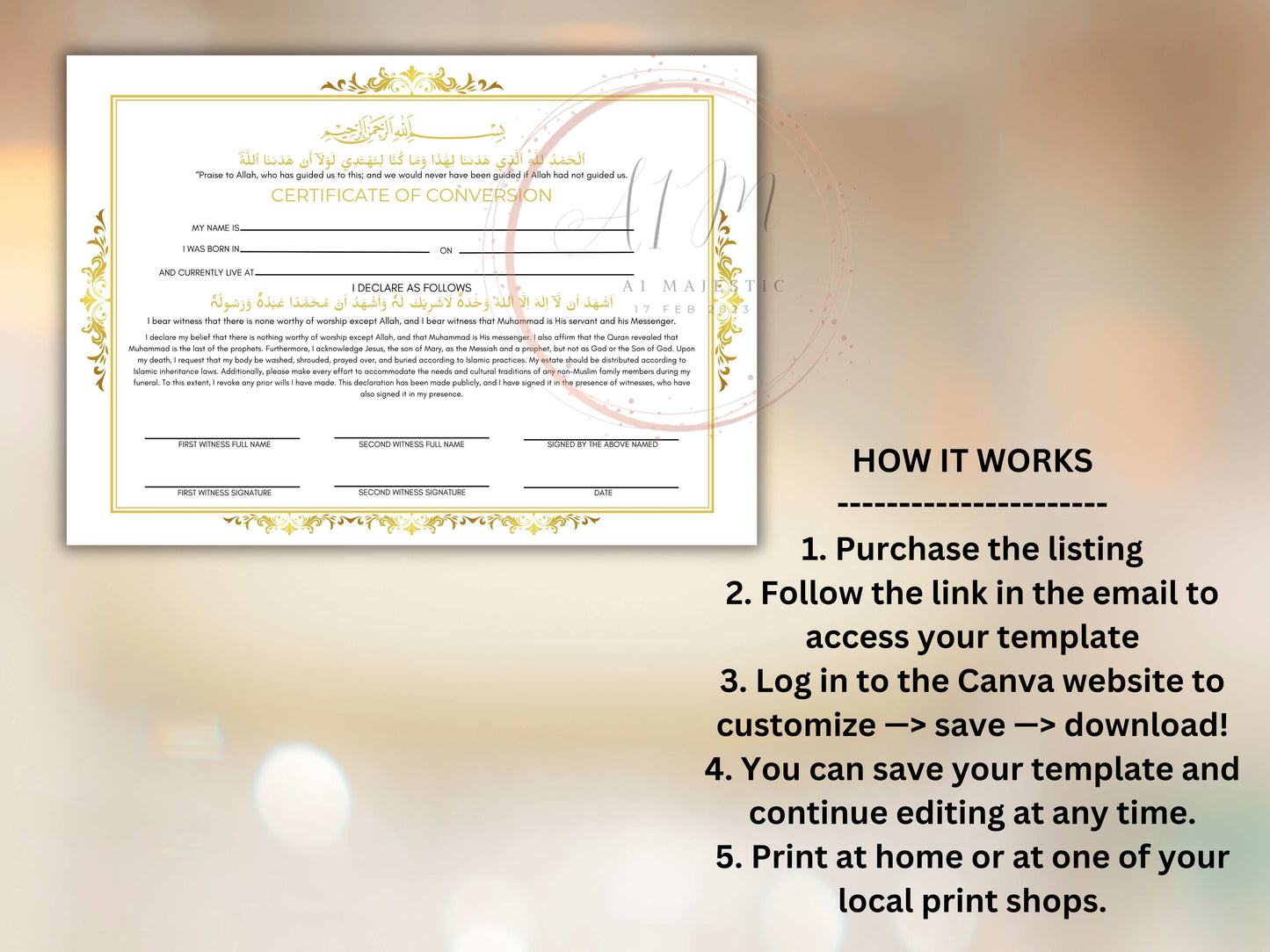 Conversion Certificate, Muslim Conversion Certificate, Shahada Certificate, Convert Certificate, Editable, Printable, Instant Download. CC1