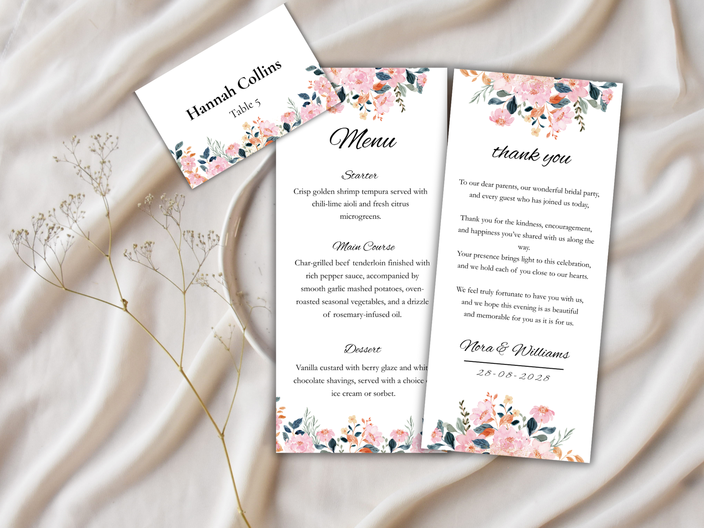 Wedding Thank you Card, Menu Card, Table Card. WI293