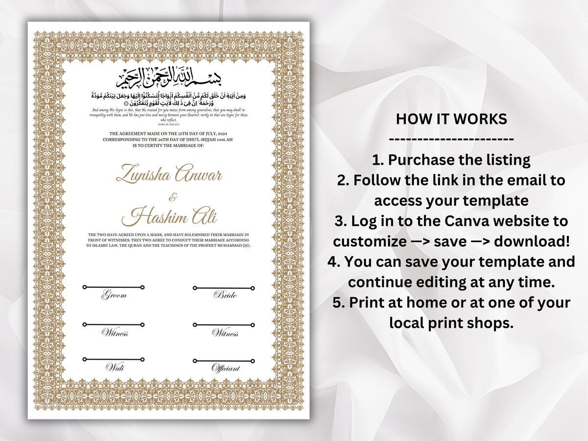 Nikkah Certificate Digital Download Personalised, A4, A3, Template, Editable, Brown Nikkah Nama, Nikkah Contract, Muslim Contract. NN265