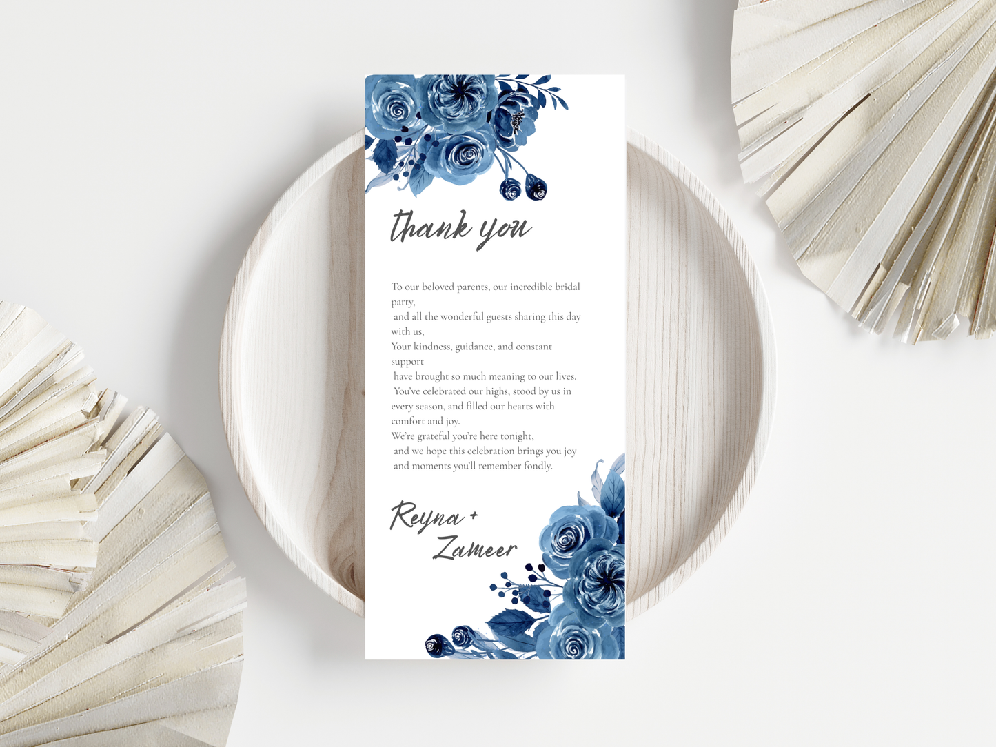 Blue Floral Wedding Menu & Thank You Card Set, Editable Template, Place Card.WI213